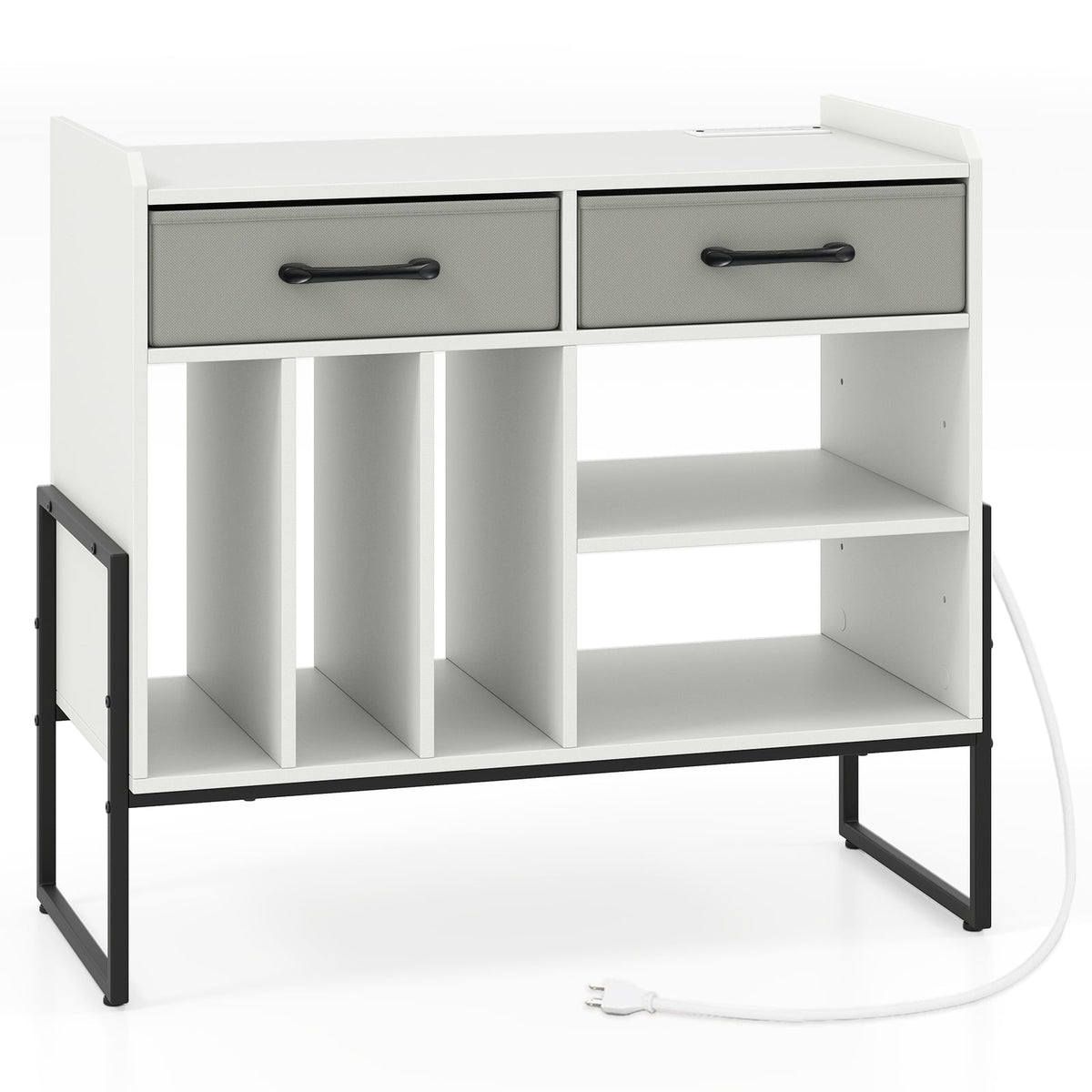 Large Record Player Stand with Charging Station Mid Century Modern Vinyl Storage Cabinet-White-End & Side Tables-DECOROLALA