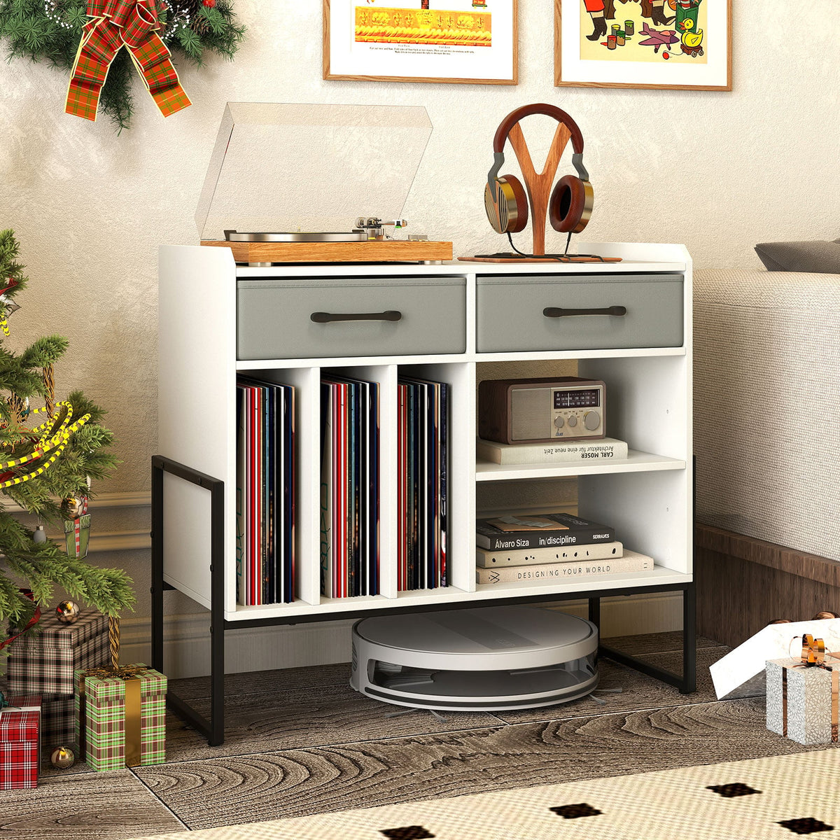 Large Record Player Stand with Charging Station Mid Century Modern Vinyl Storage Cabinet-White-End & Side Tables-DECOROLALA
