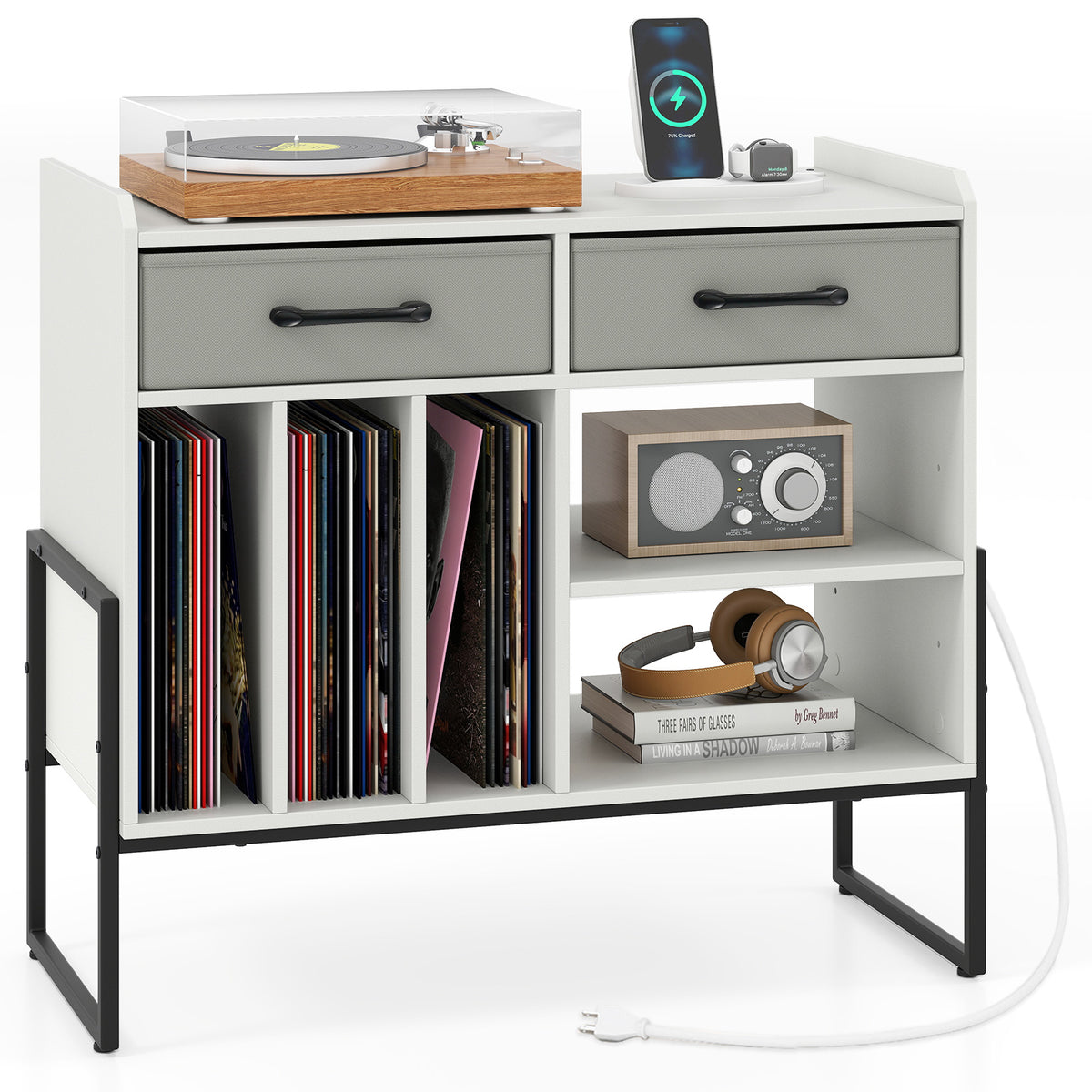 Large Record Player Stand with Charging Station Mid Century Modern Vinyl Storage Cabinet-White-End & Side Tables-DECOROLALA