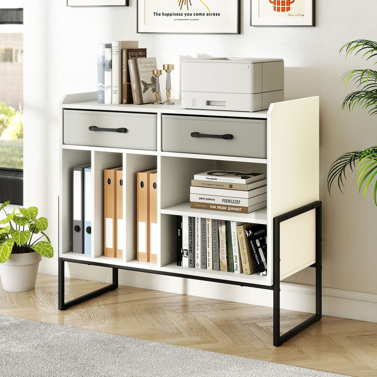 Large Record Player Stand with Charging Station Mid Century Modern Vinyl Storage Cabinet-White-End & Side Tables-DECOROLALA