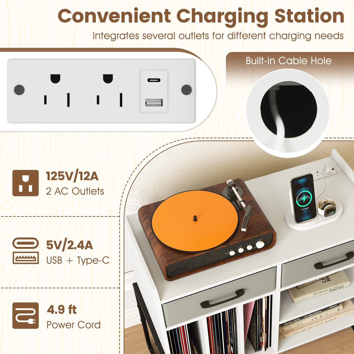 Large Record Player Stand with Charging Station Mid Century Modern Vinyl Storage Cabinet-White-End & Side Tables-DECOROLALA