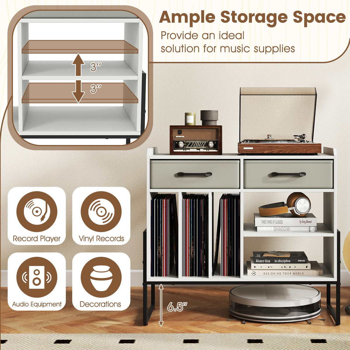 Large Record Player Stand with Charging Station Mid Century Modern Vinyl Storage Cabinet-White-End & Side Tables-DECOROLALA