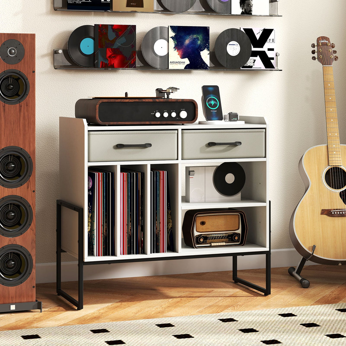 Large Record Player Stand with Charging Station Mid Century Modern Vinyl Storage Cabinet-White-End & Side Tables-DECOROLALA