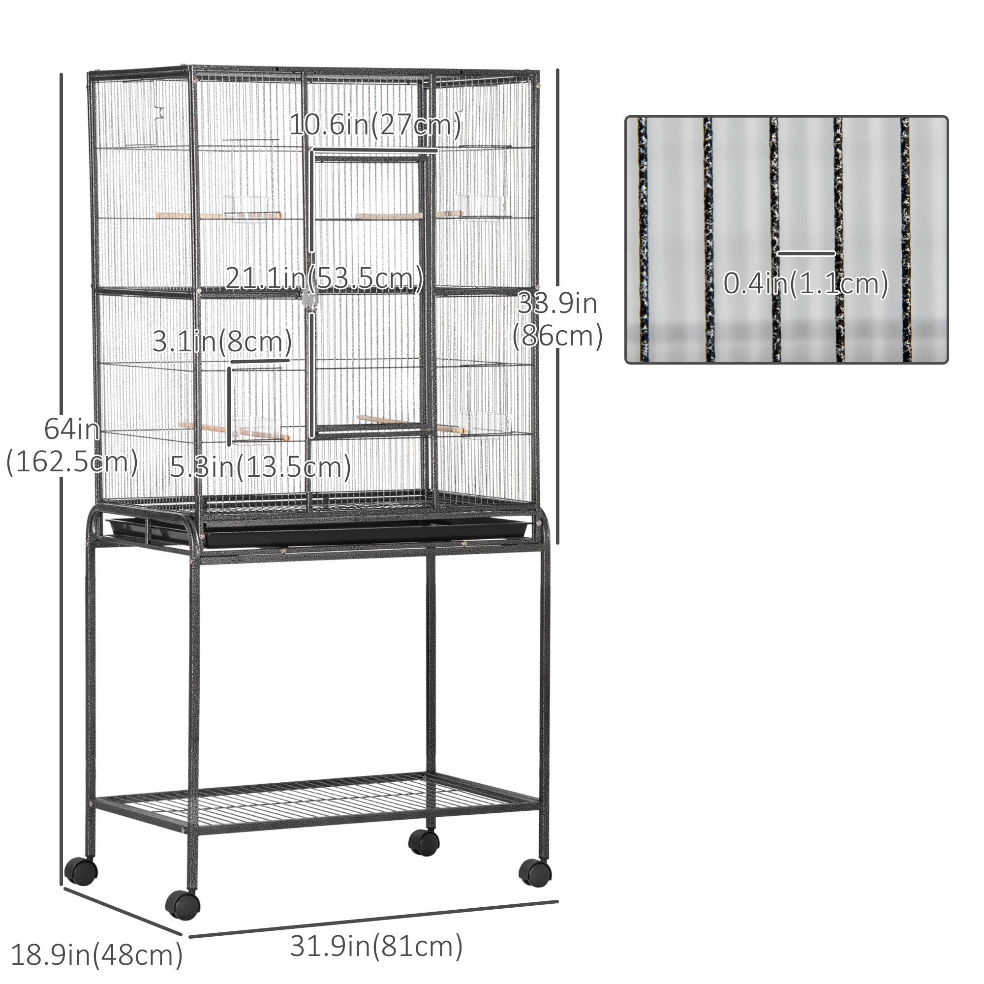 Large Rolling Metal Bird Cage Bird House with Detachable Rolling Stand, Storage Shelf, Wood Perch Food Container - Black-Birds-DECOROLALA