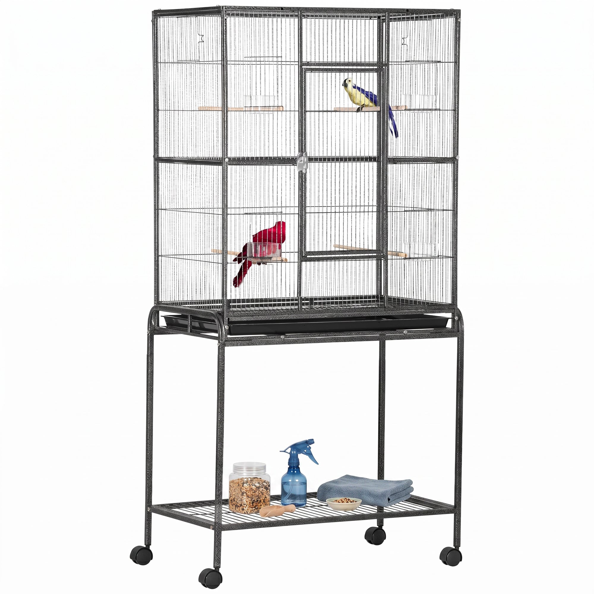 Large Rolling Metal Bird Cage Bird House with Detachable Rolling Stand, Storage Shelf, Wood Perch Food Container - Black-Birds-DECOROLALA