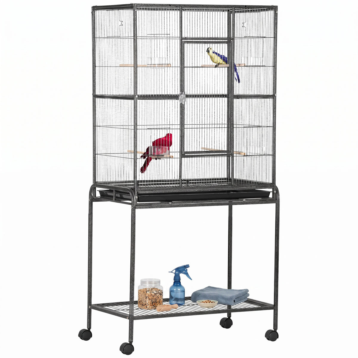 Large Rolling Metal Bird Cage with Detachable Stand - Black 64"H-Bird Supplies-DECOROLALA