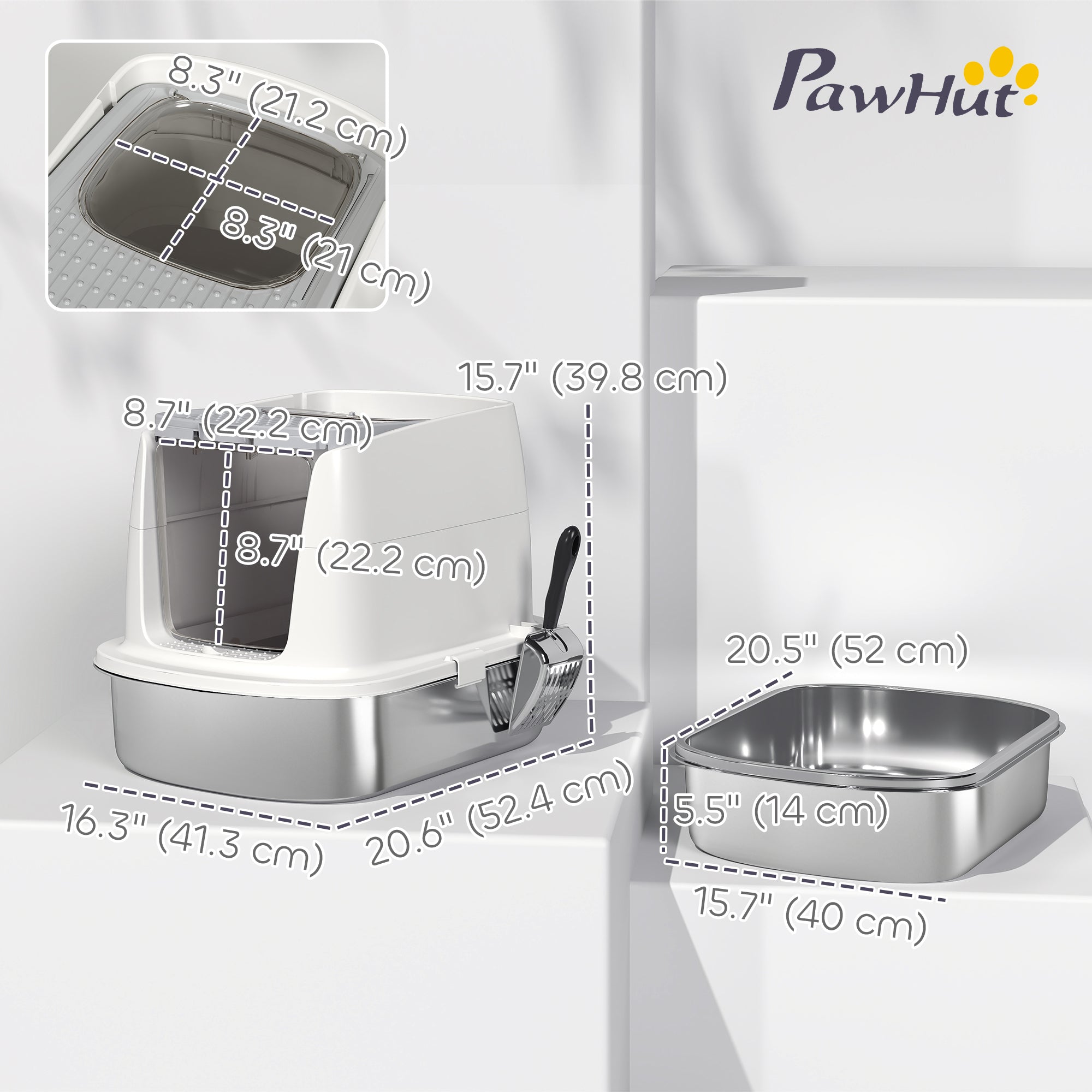 Large Stainless Steel Litter Box, Enclosed Metal Cat Litter Tray with Scoop, Deodoriser Bag, Front-Entry and Top-Exit-Cats-DECOROLALA