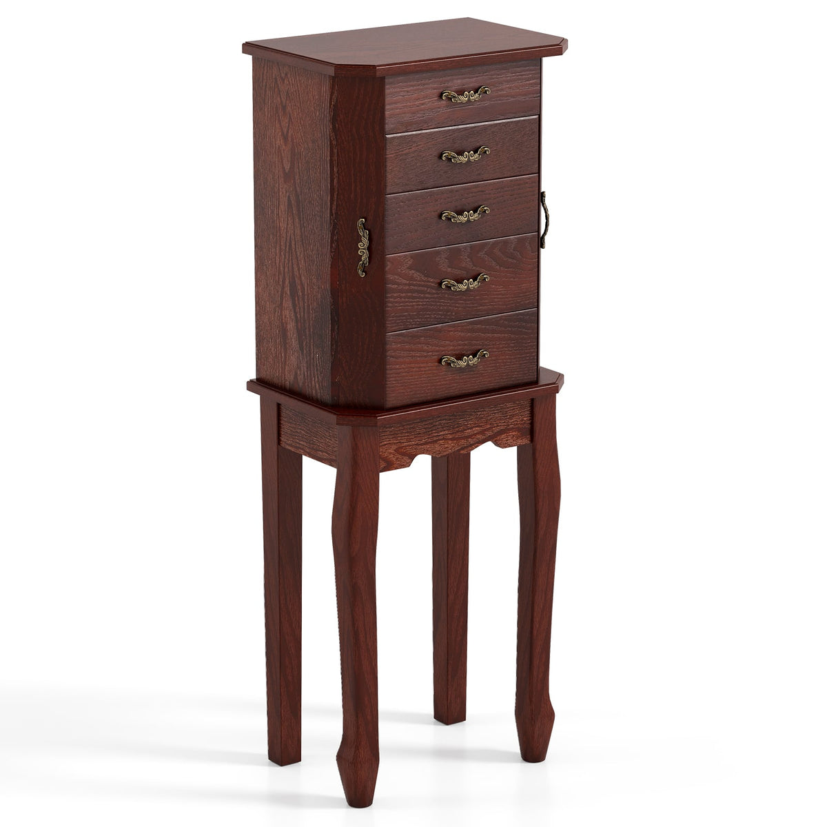 Large Storage Capacity Jewelry Cabinet with 5 Drawers-Walnut-Jewelry Armoires-DECOROLALA