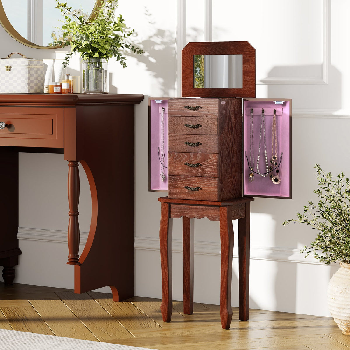 Large Storage Capacity Jewelry Cabinet with 5 Drawers-Walnut-Jewelry Armoires-DECOROLALA