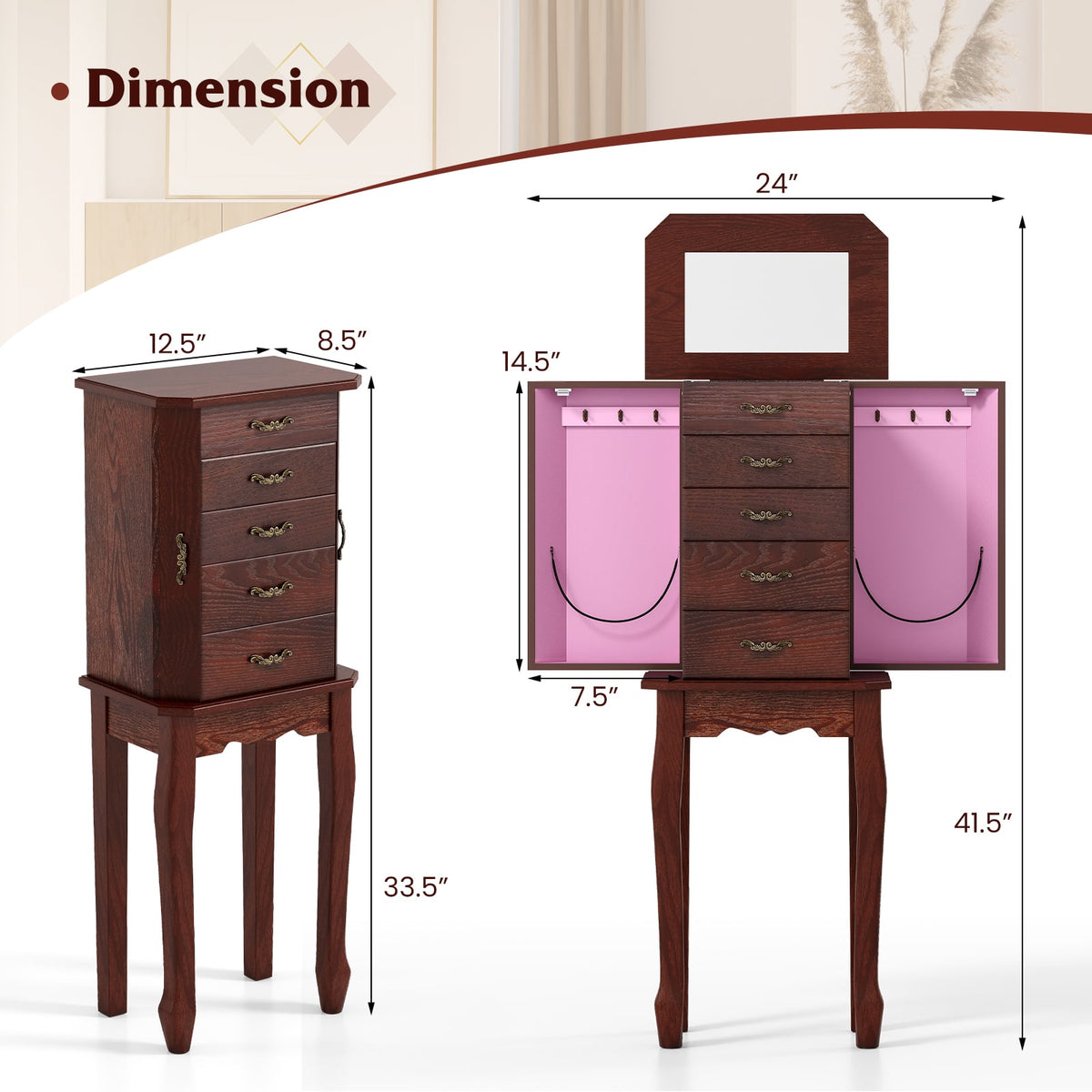 Large Storage Capacity Jewelry Cabinet with 5 Drawers-Walnut-Jewelry Armoires-DECOROLALA