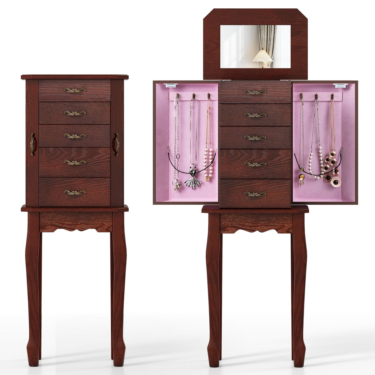 Large Storage Capacity Jewelry Cabinet with 5 Drawers-Walnut-Jewelry Armoires-DECOROLALA