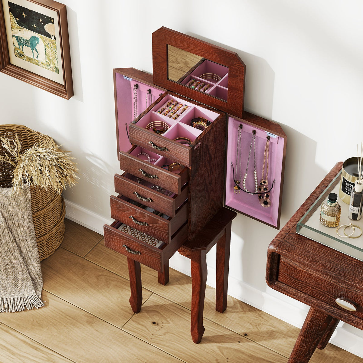 Large Storage Capacity Jewelry Cabinet with 5 Drawers-Walnut-Jewelry Armoires-DECOROLALA