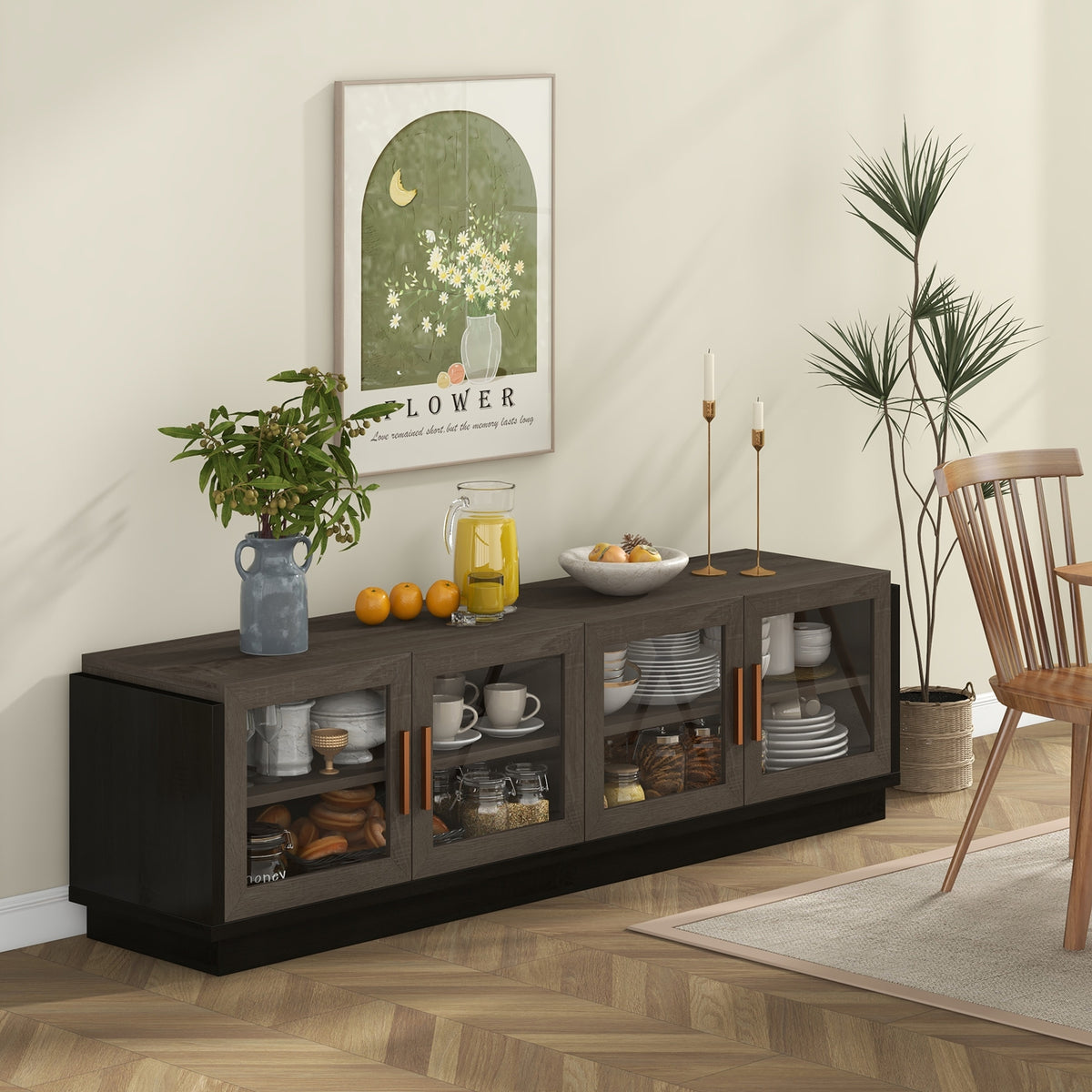 Large TV Stand for TVs up to 75 Inch with 4 Tempered Glass Doors for Living Room-Gray-Entertainment Centers & TV Stands-DECOROLALA