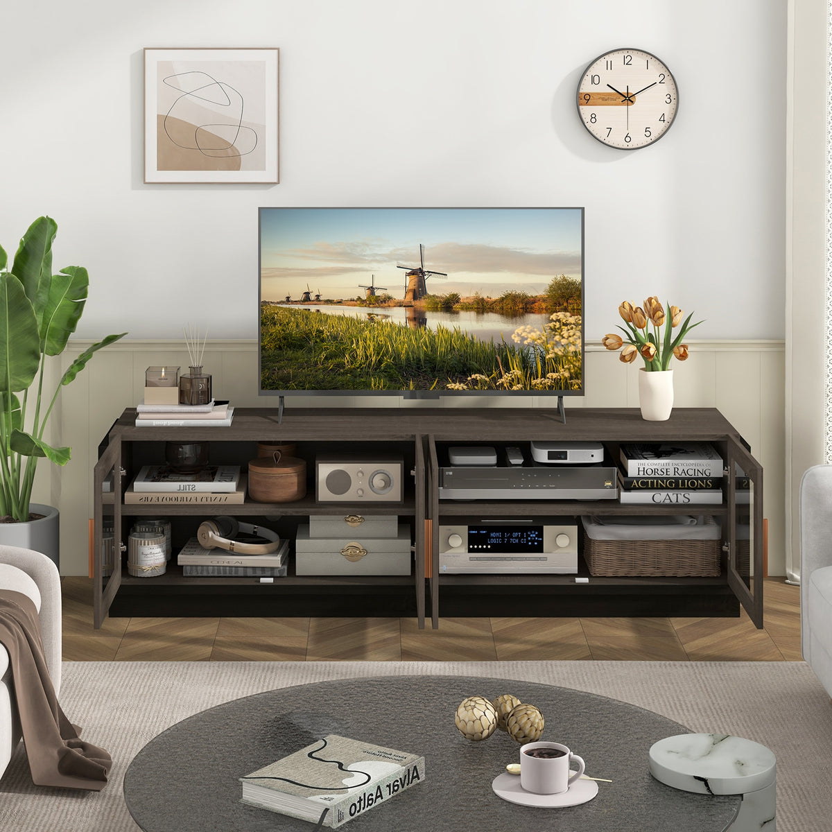 Large TV Stand for TVs up to 75 Inch with 4 Tempered Glass Doors for Living Room-Gray-Entertainment Centers & TV Stands-DECOROLALA