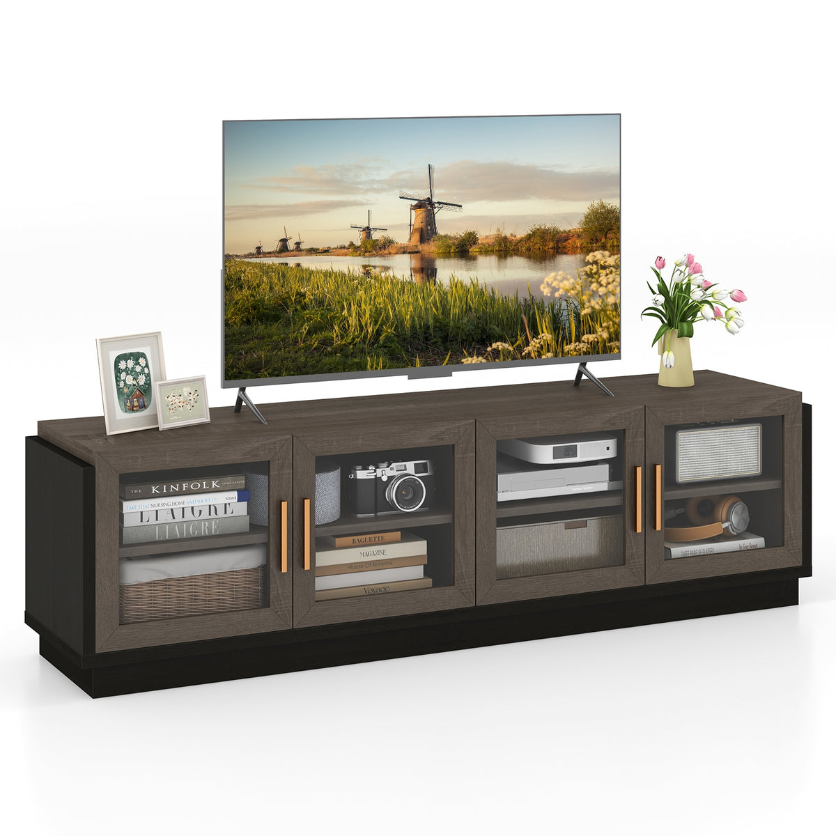 Large TV Stand for TVs up to 75 Inch with 4 Tempered Glass Doors for Living Room-Gray-Entertainment Centers & TV Stands-DECOROLALA