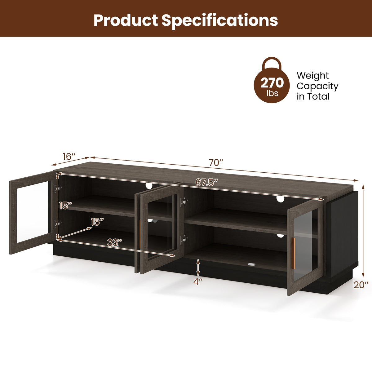 Large TV Stand for TVs up to 75 Inch with 4 Tempered Glass Doors for Living Room-Gray-Entertainment Centers & TV Stands-DECOROLALA
