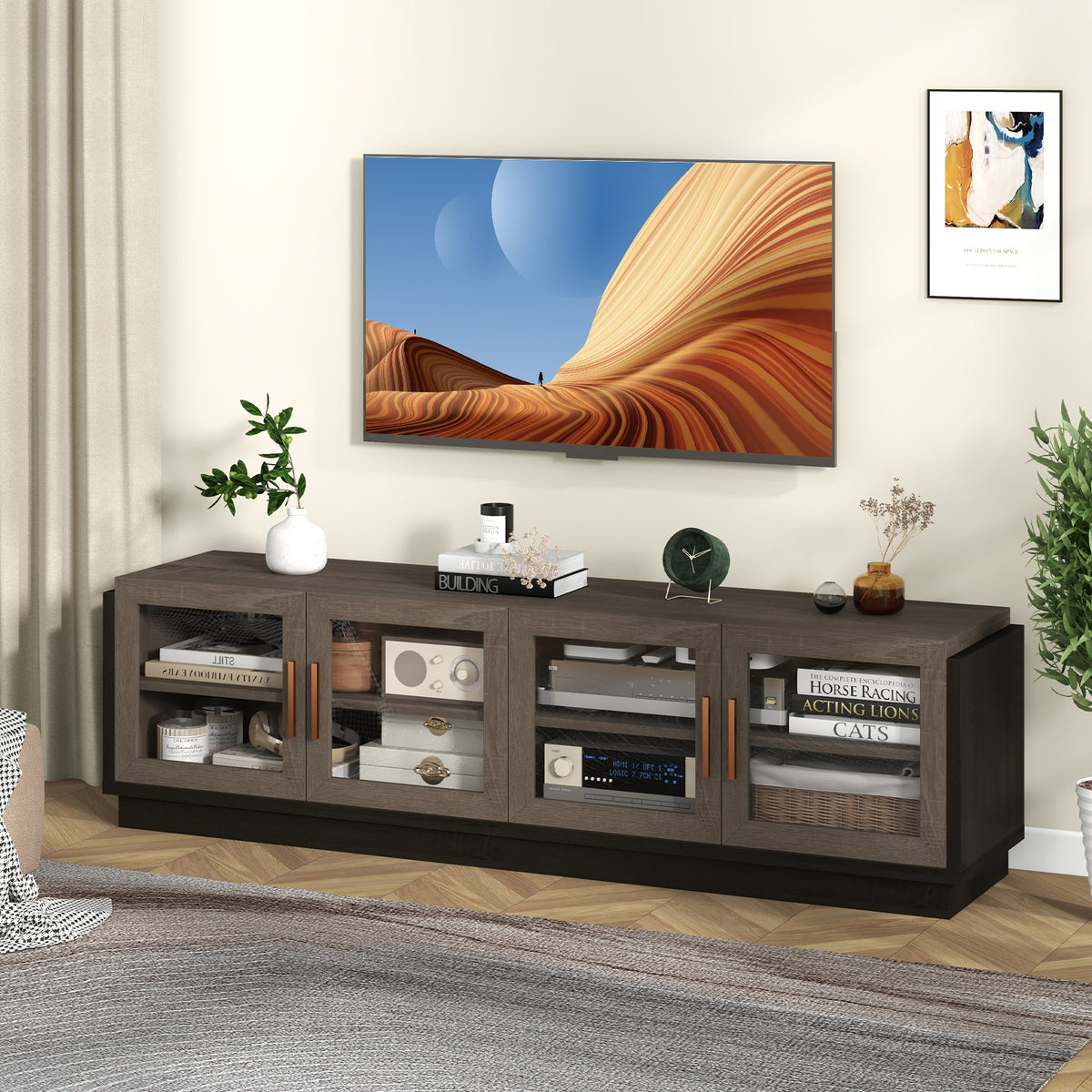 Large TV Stand for TVs up to 75 Inch with 4 Tempered Glass Doors for Living Room-Gray-Entertainment Centers & TV Stands-DECOROLALA