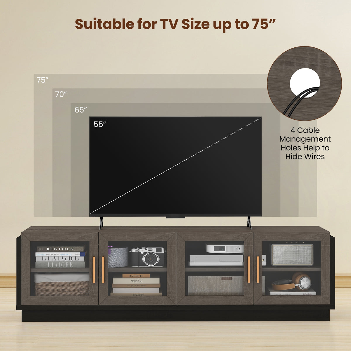 Large TV Stand for TVs up to 75 Inch with 4 Tempered Glass Doors for Living Room-Gray-Entertainment Centers & TV Stands-DECOROLALA