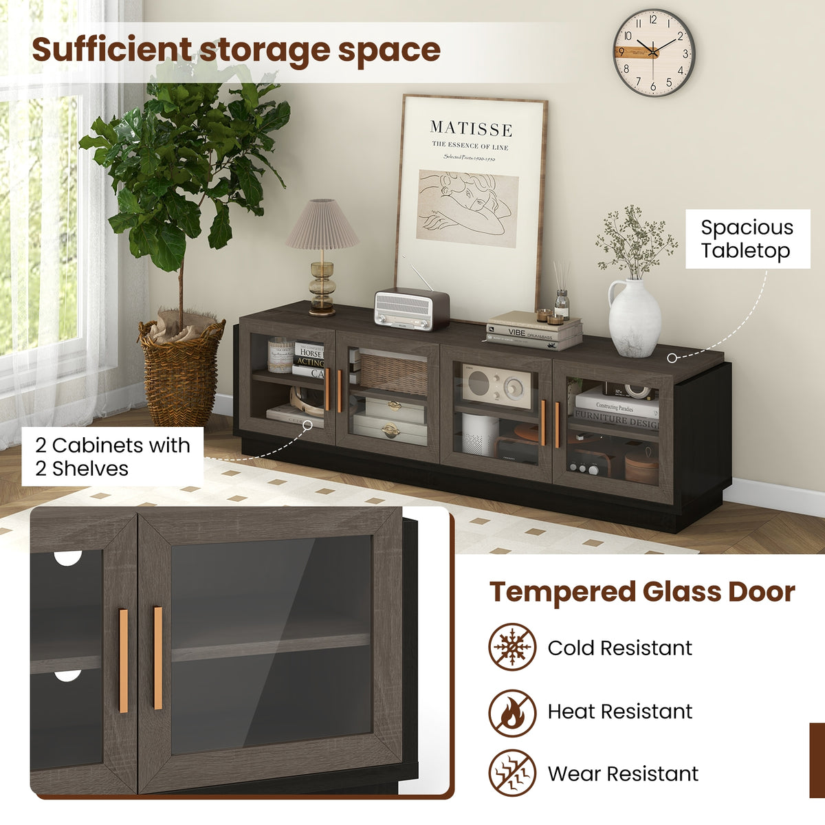 Large TV Stand for TVs up to 75 Inch with 4 Tempered Glass Doors for Living Room-Gray-Entertainment Centers & TV Stands-DECOROLALA