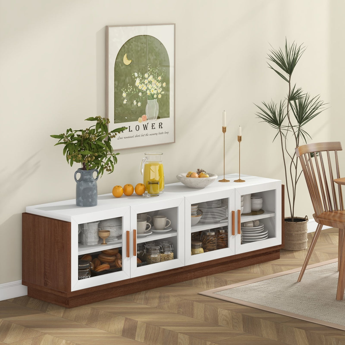 Large TV Stand for TVs up to 75 Inch with 4 Tempered Glass Doors for Living Room-White-Entertainment Centers & TV Stands-DECOROLALA