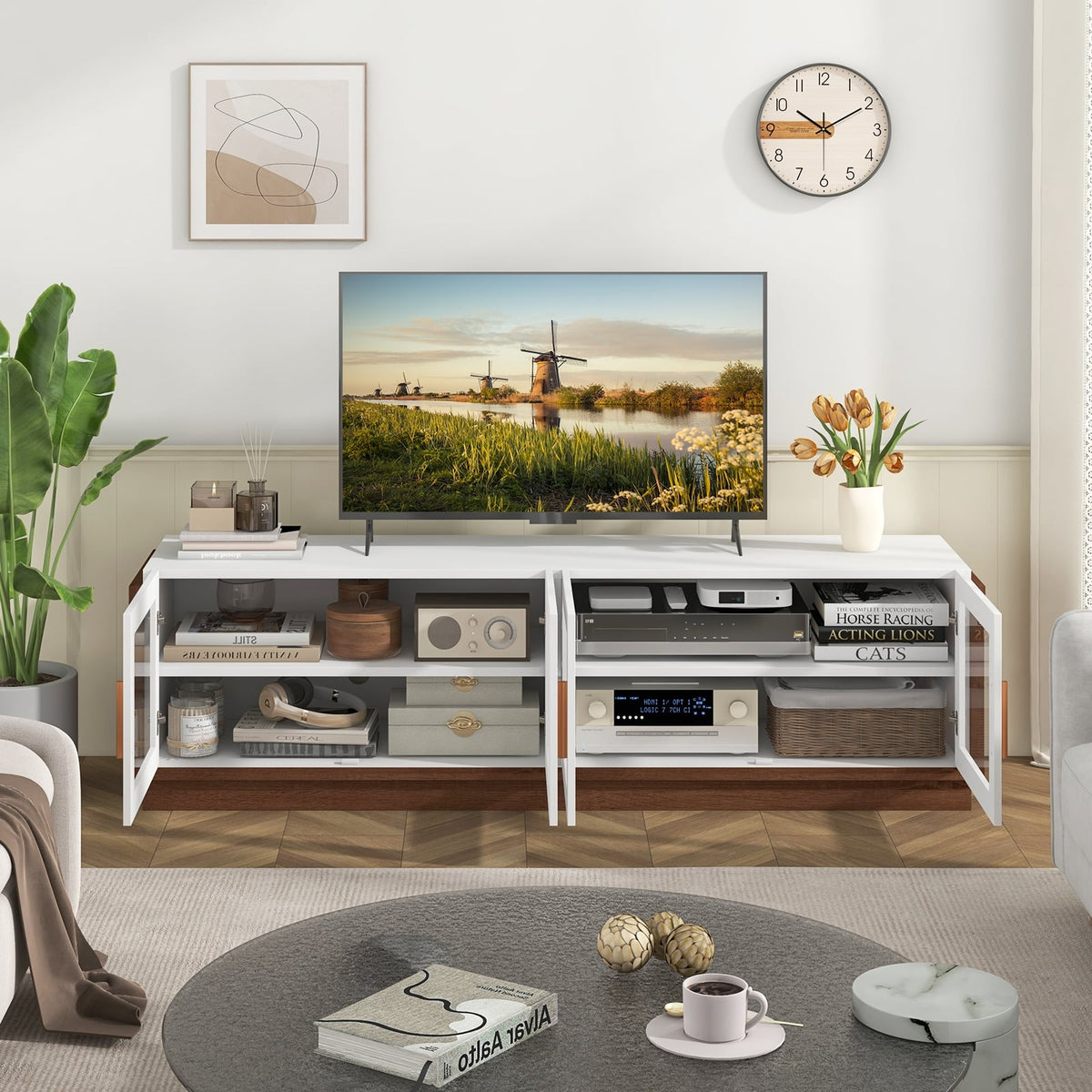 Large TV Stand for TVs up to 75 Inch with 4 Tempered Glass Doors for Living Room-White-Entertainment Centers & TV Stands-DECOROLALA