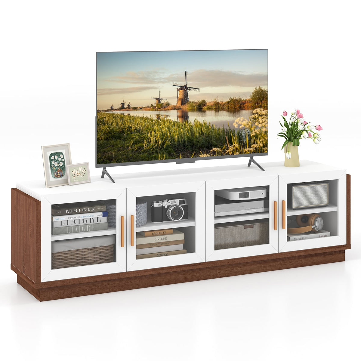 Large TV Stand for TVs up to 75 Inch with 4 Tempered Glass Doors for Living Room-White-Entertainment Centers & TV Stands-DECOROLALA