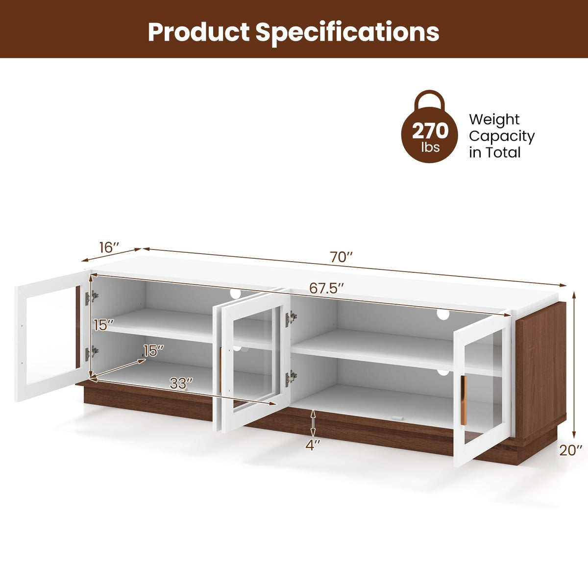 Large TV Stand for TVs up to 75 Inch with 4 Tempered Glass Doors for Living Room-White-Entertainment Centers & TV Stands-DECOROLALA