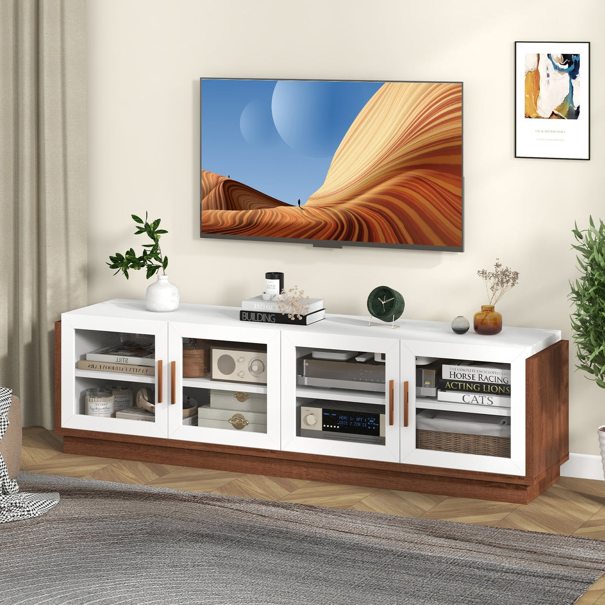 Large TV Stand for TVs up to 75 Inch with 4 Tempered Glass Doors for Living Room-White-Entertainment Centers & TV Stands-DECOROLALA