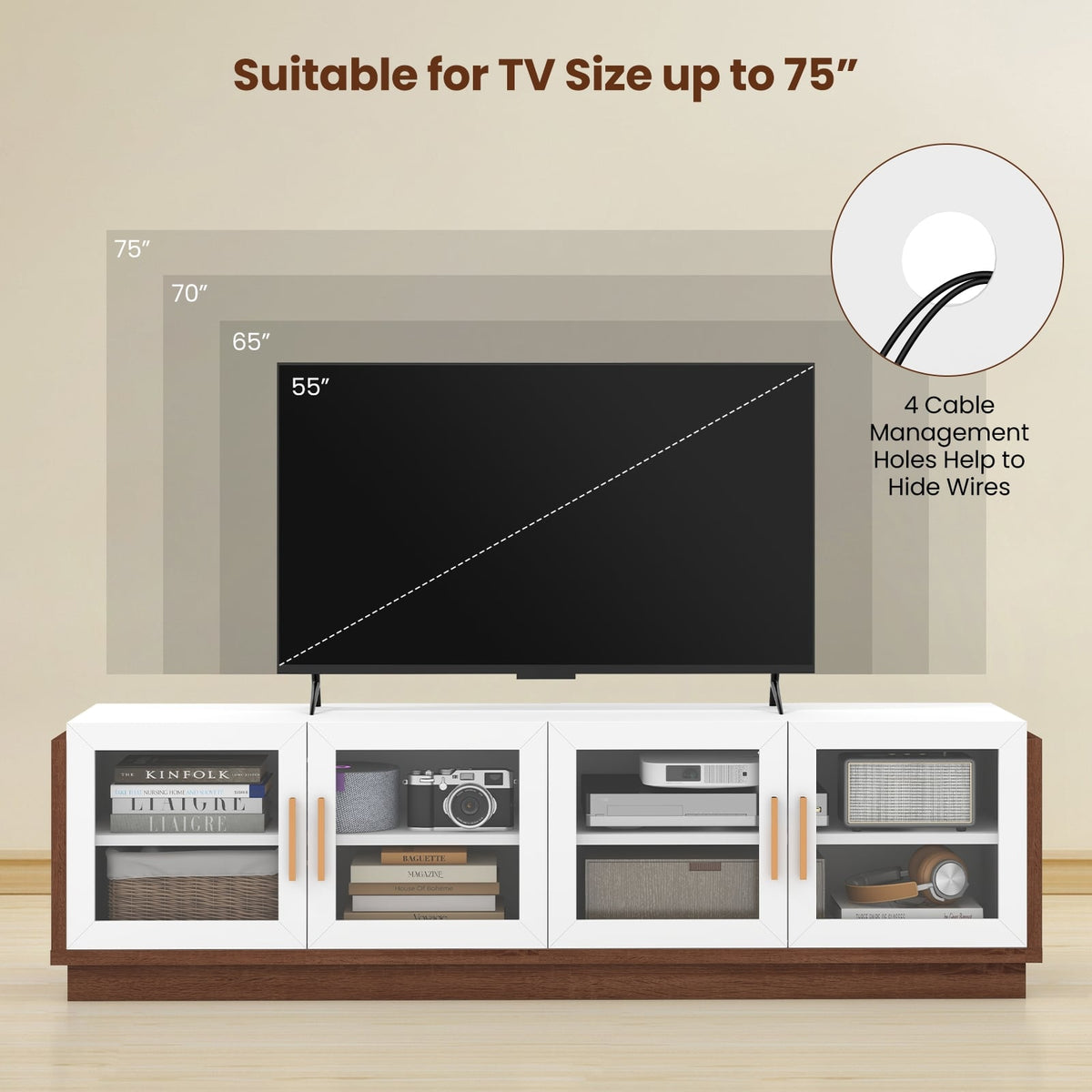 Large TV Stand for TVs up to 75 Inch with 4 Tempered Glass Doors for Living Room-White-Entertainment Centers & TV Stands-DECOROLALA