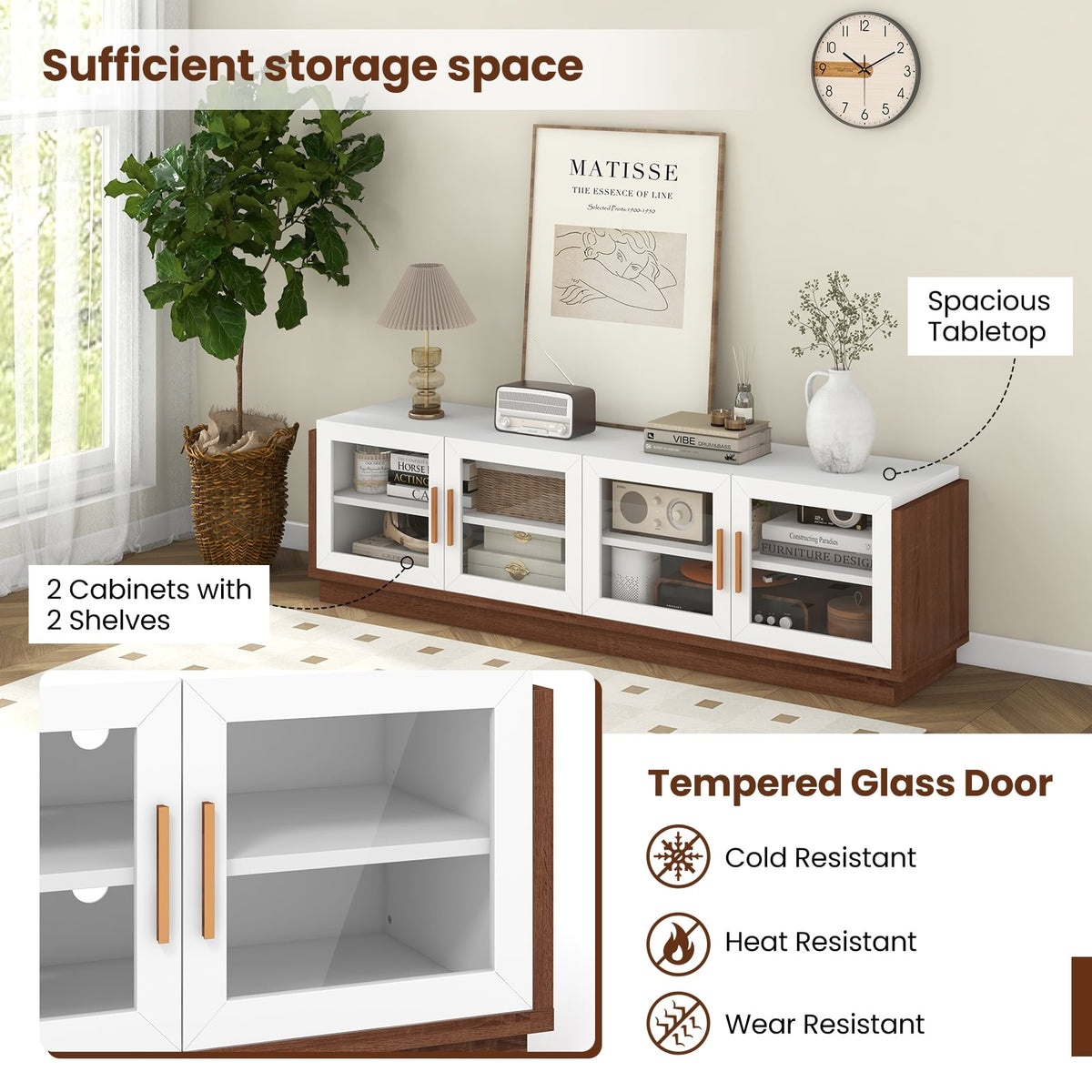 Large TV Stand for TVs up to 75 Inch with 4 Tempered Glass Doors for Living Room-White-Entertainment Centers & TV Stands-DECOROLALA