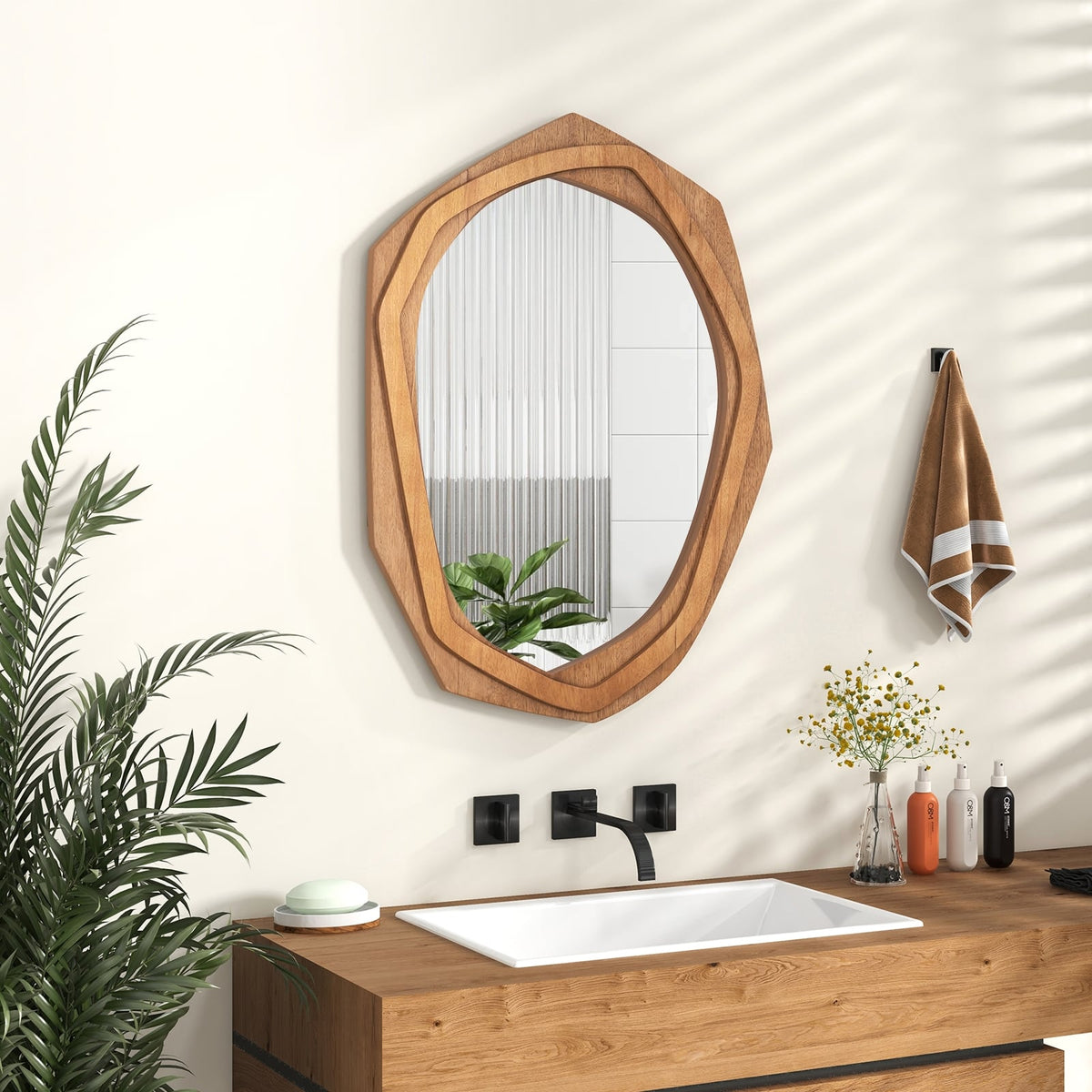 Large Water Proof Irregular Framed Decoration Wall Mirror with Expansion Screws-Natural-Wall Mirrors-DECOROLALA