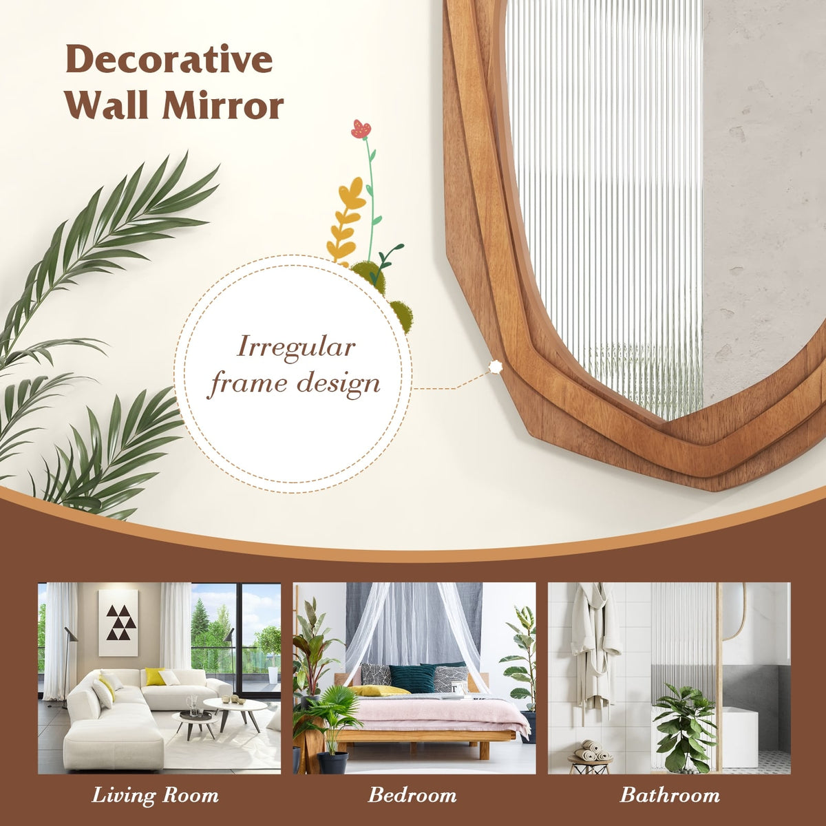 Large Water Proof Irregular Framed Decoration Wall Mirror with Expansion Screws-Natural-Wall Mirrors-DECOROLALA