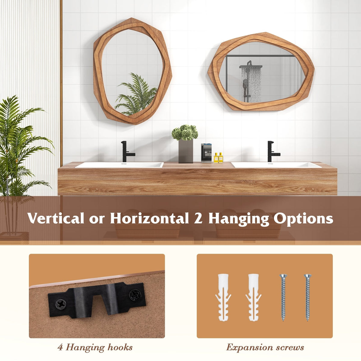 Large Water Proof Irregular Framed Decoration Wall Mirror with Expansion Screws-Natural-Wall Mirrors-DECOROLALA