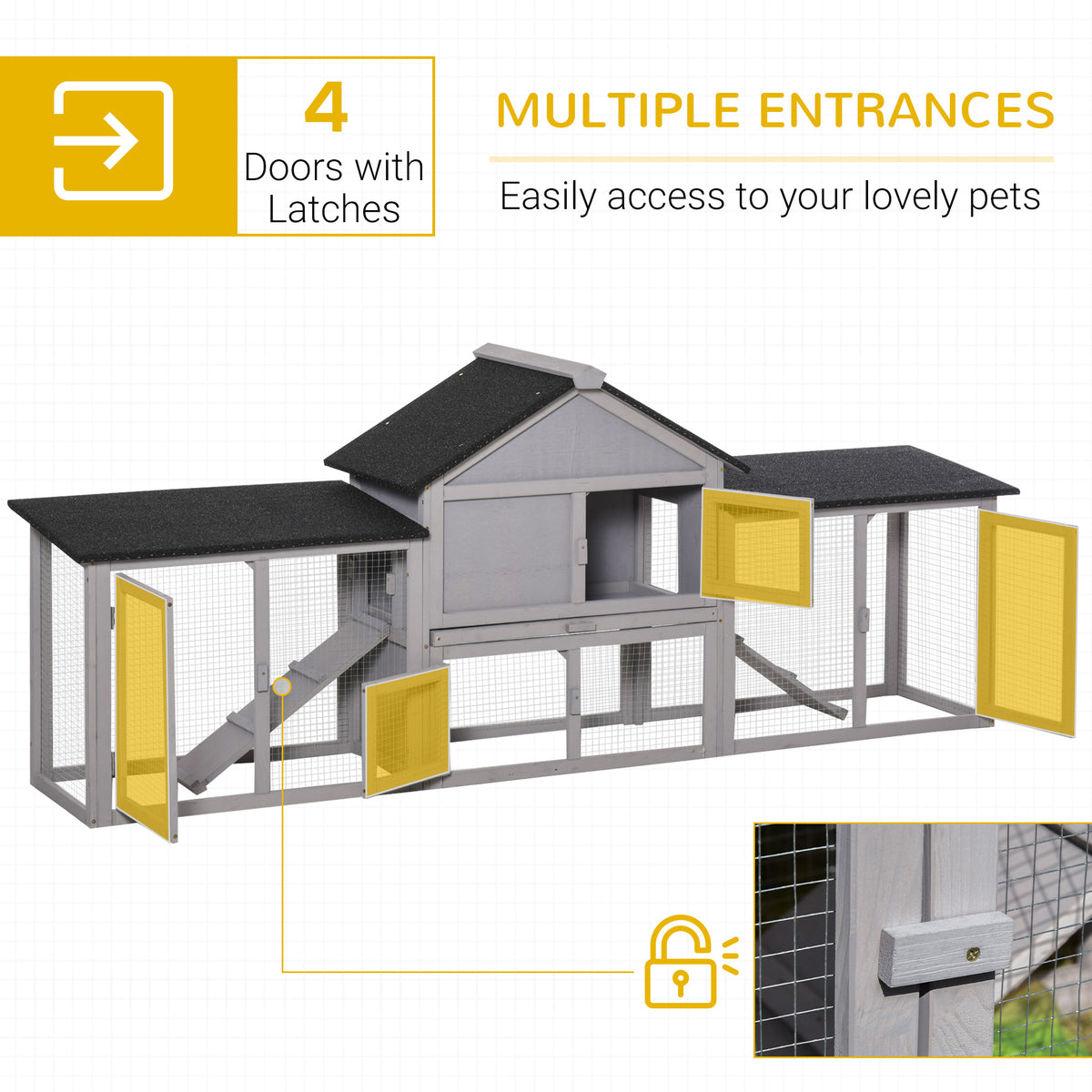 Large Wood Rabbit Hutch - Grey 83" Outdoor Bunny Cage with Runs-Small Animals-DECOROLALA