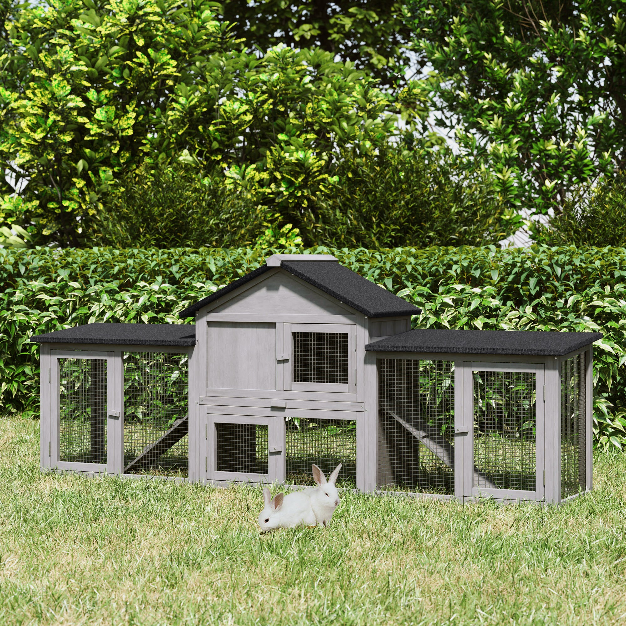 Large Wood Rabbit Hutch - Grey 83" Outdoor Bunny Cage with Runs-Small Animals-DECOROLALA