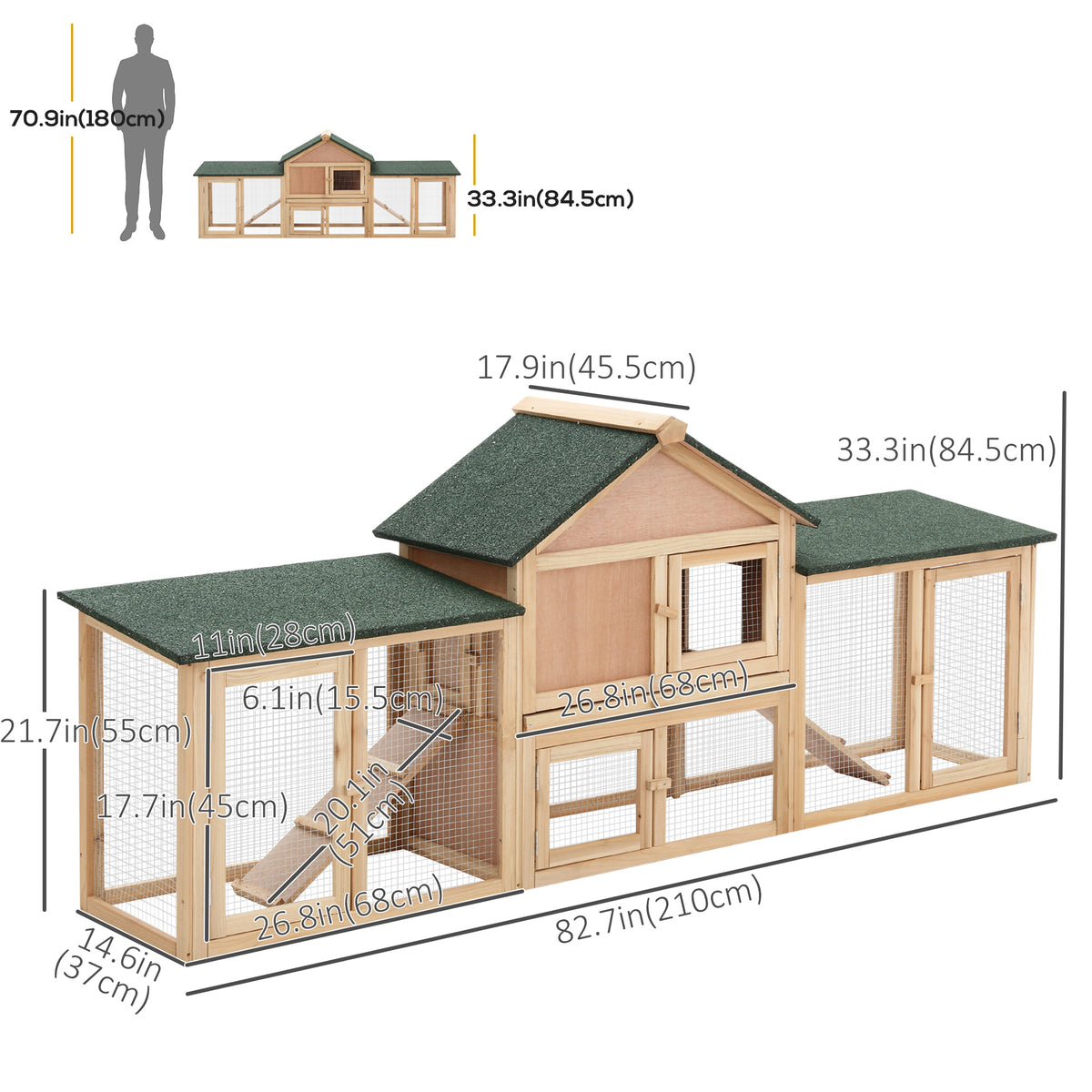 Large Wood Rabbit Hutch with Double Runs - 83" Natural Fir-Small Animals-DECOROLALA