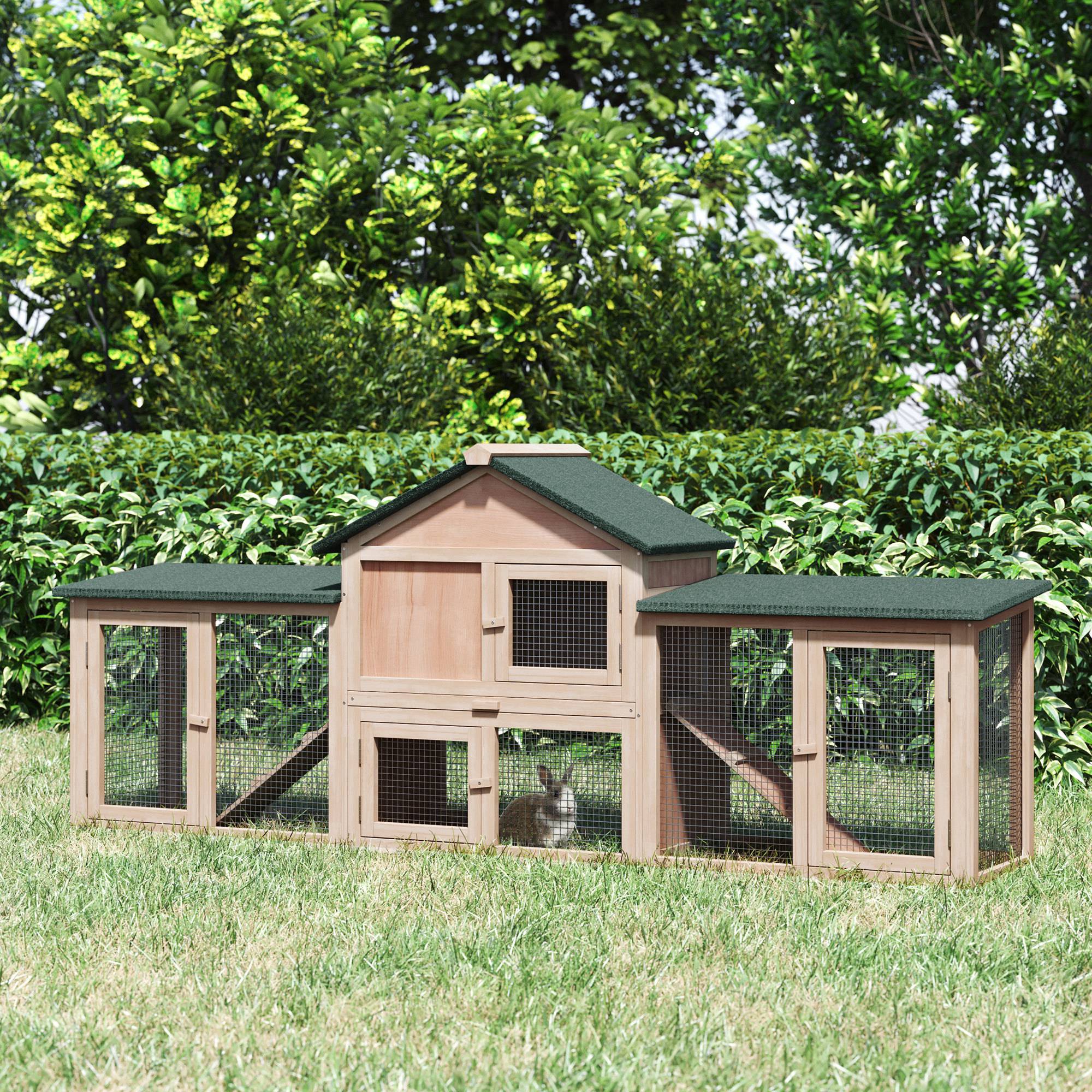 Large Wood Rabbit Hutch with Double Runs - 83" Natural Fir-Small Animals-DECOROLALA