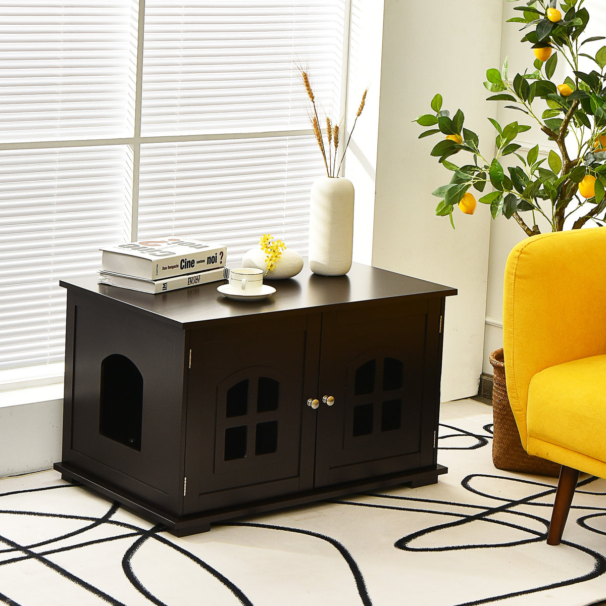Large Wooden Cat Litter Box Enclosure Hidden Cat Washroom with Divider-Brown-Cat Houses-DECOROLALA