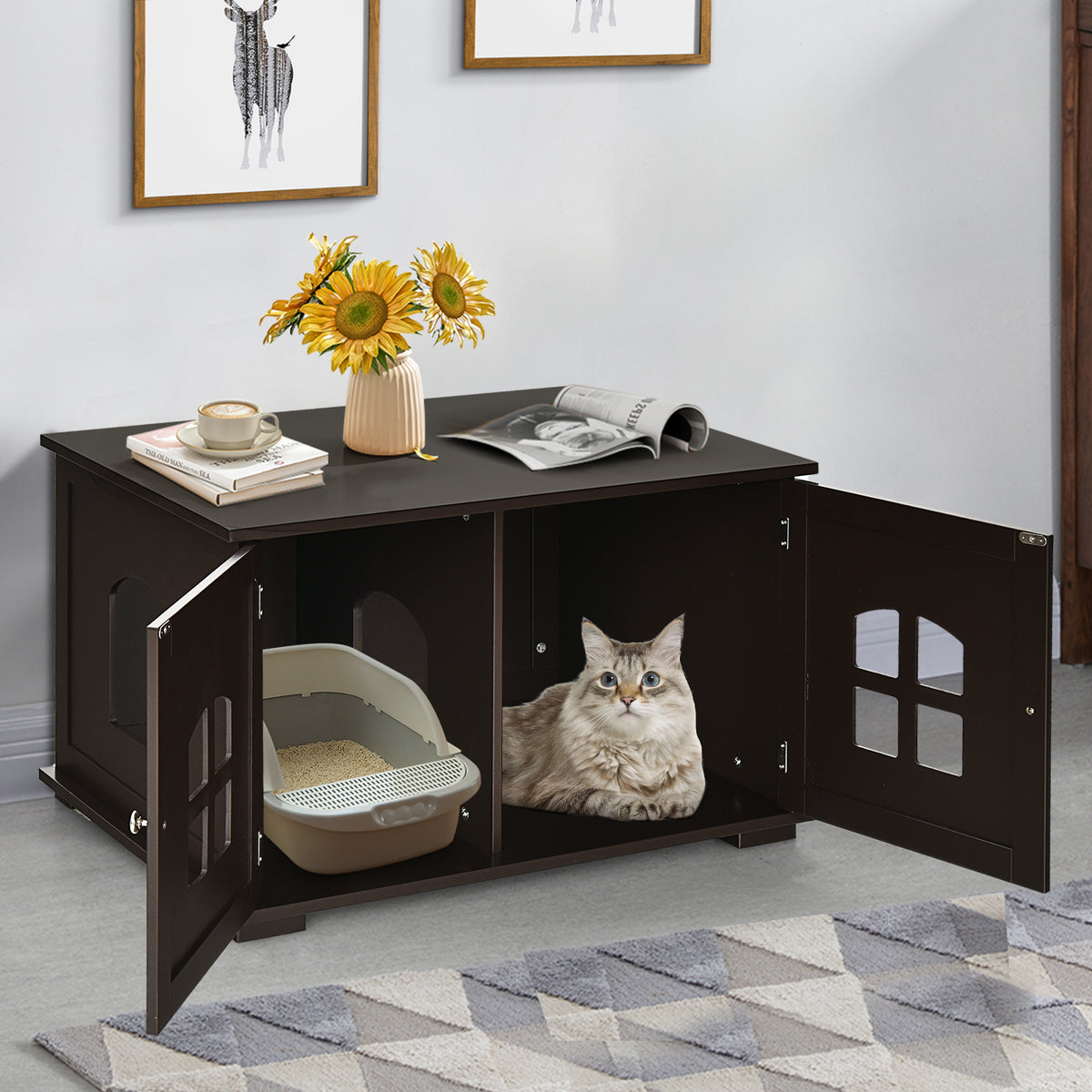 Large Wooden Cat Litter Box Enclosure Hidden Cat Washroom with Divider-Brown-Cat Houses-DECOROLALA