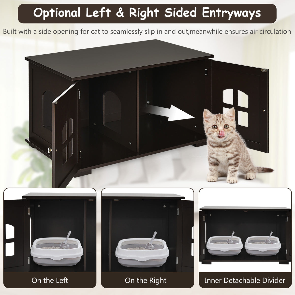 Large Wooden Cat Litter Box Enclosure Hidden Cat Washroom with Divider-Brown-Cat Houses-DECOROLALA