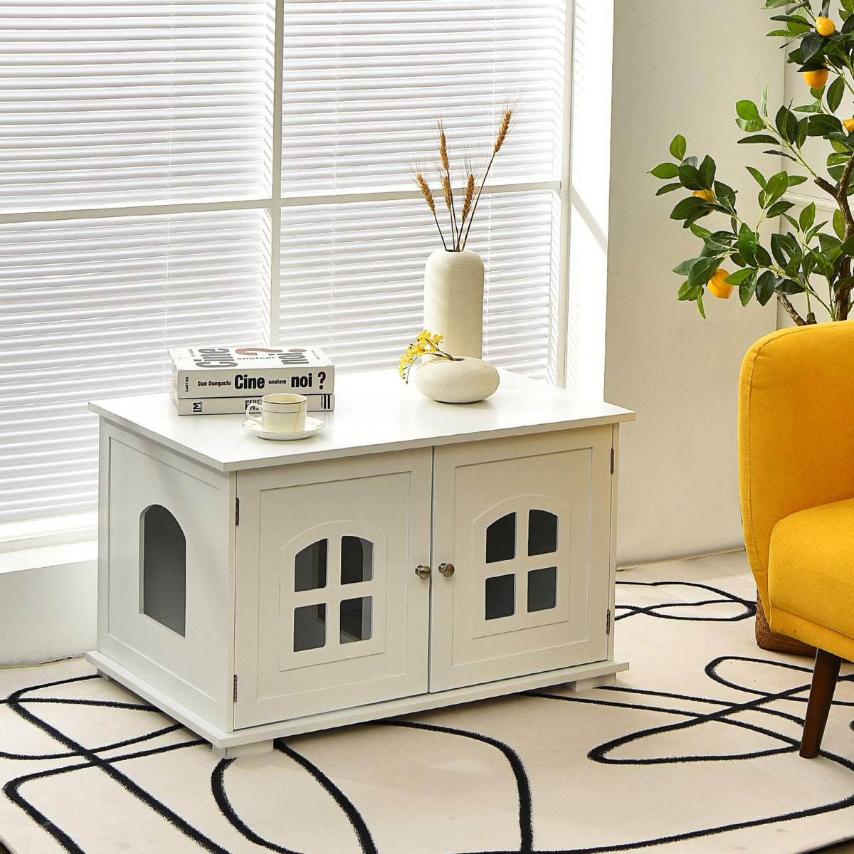 Large Wooden Cat Litter Box Enclosure Hidden Cat Washroom with Divider-White-Cat Houses-DECOROLALA