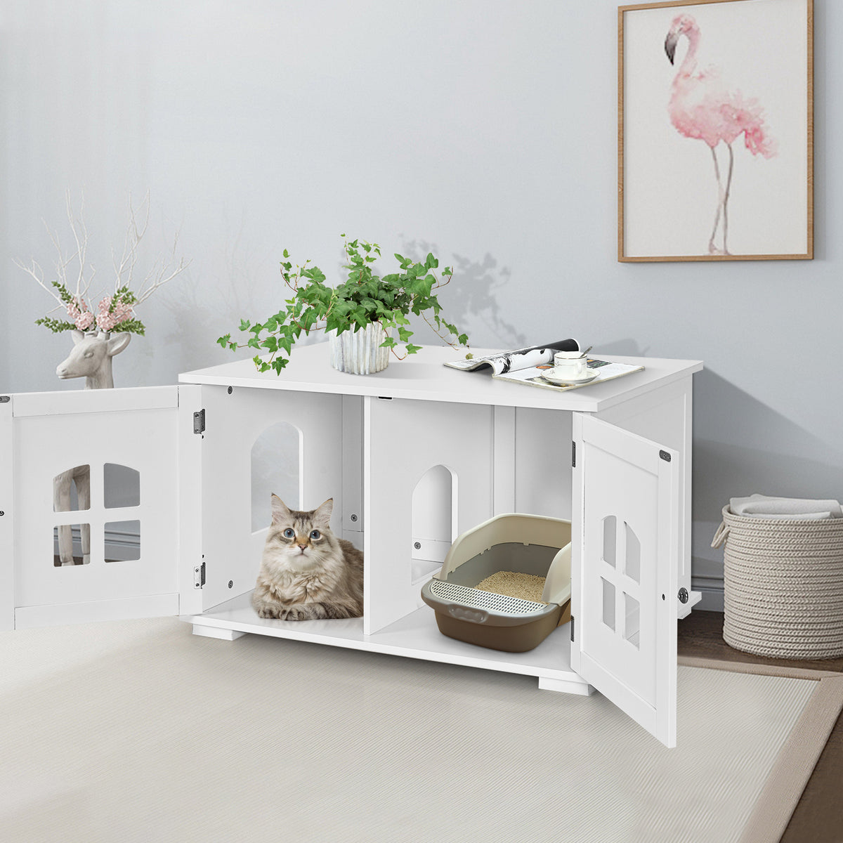 Large Wooden Cat Litter Box Enclosure Hidden Cat Washroom with Divider-White-Cat Houses-DECOROLALA