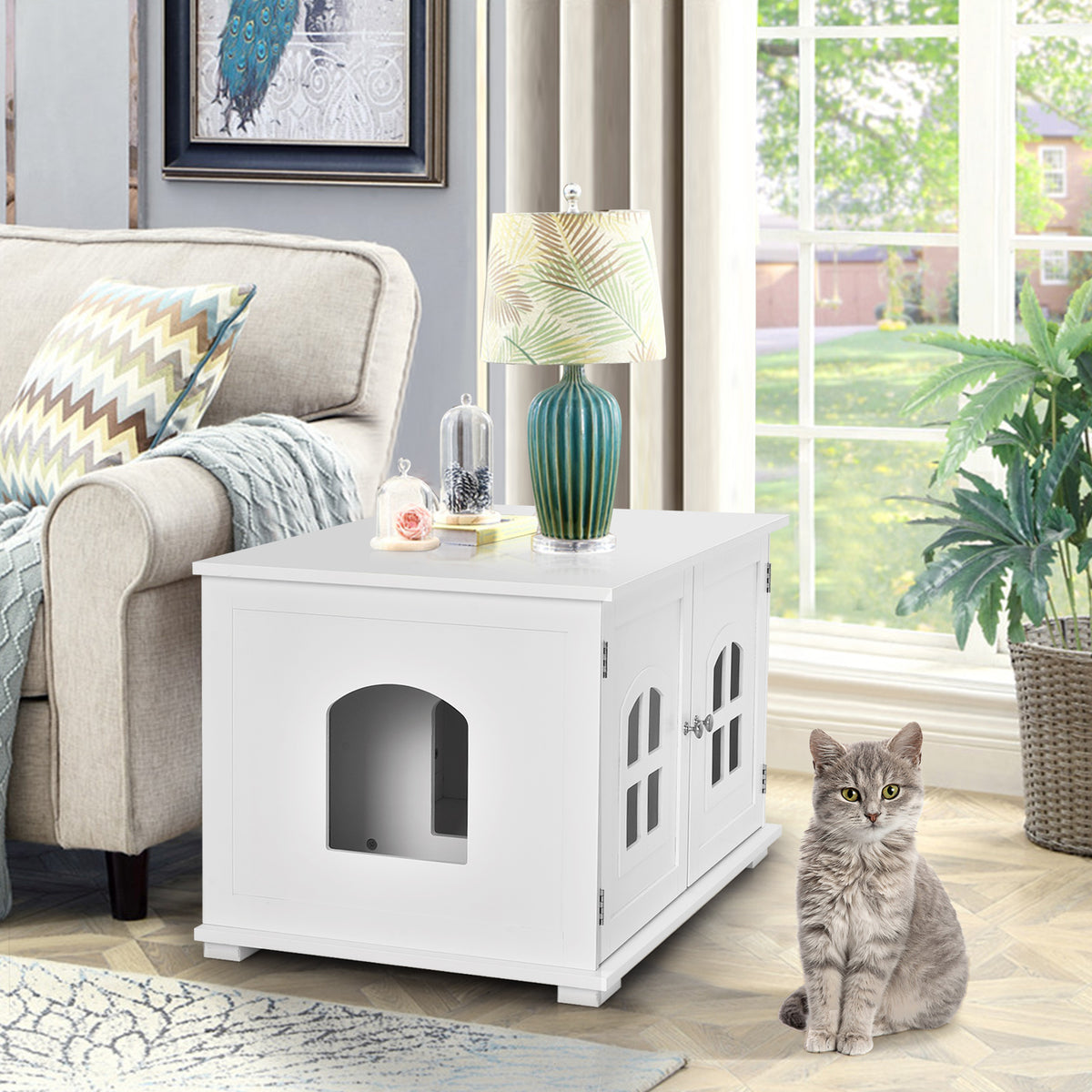 Large Wooden Cat Litter Box Enclosure Hidden Cat Washroom with Divider-White-Cat Houses-DECOROLALA