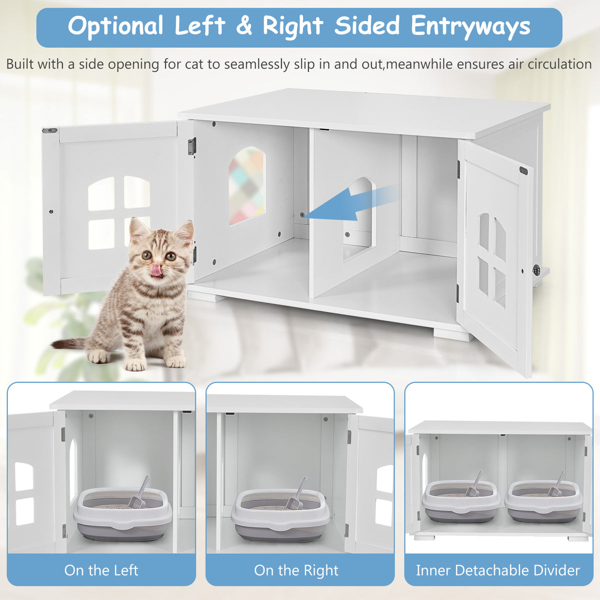 Large Wooden Cat Litter Box Enclosure Hidden Cat Washroom with Divider-White-Cat Houses-DECOROLALA