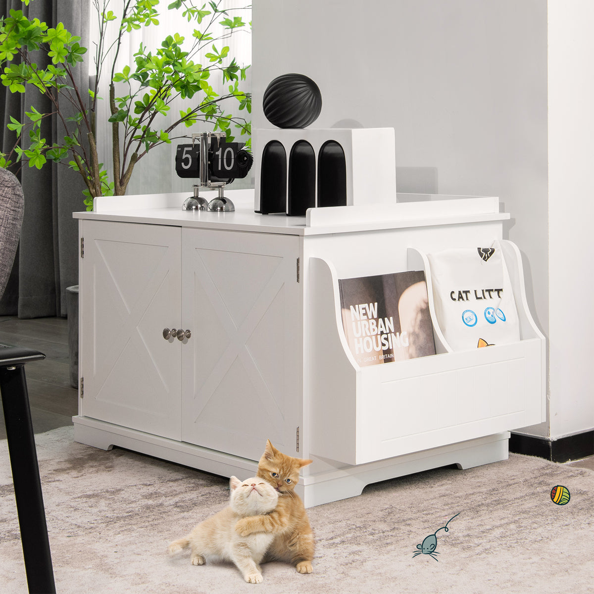 Large Wooden Cat Litter Box Enclosure with the Storage Rack-White-Cat Houses-DECOROLALA