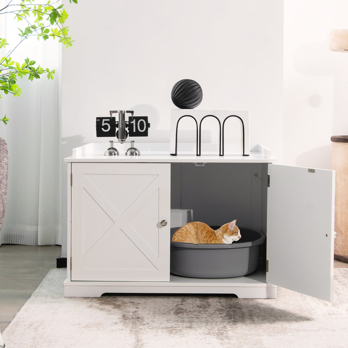 Large Wooden Cat Litter Box Enclosure with the Storage Rack-White-Cat Houses-DECOROLALA