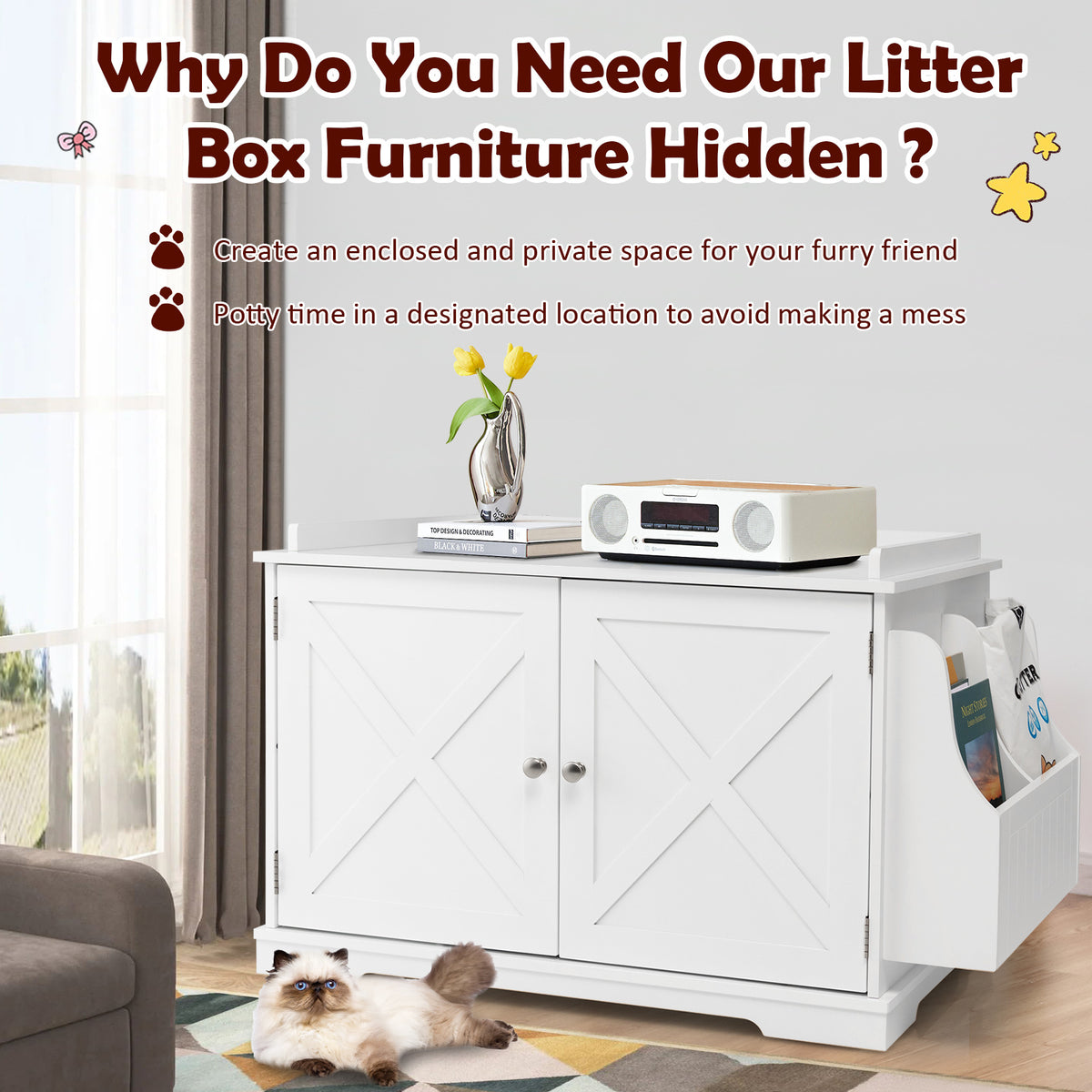Large Wooden Cat Litter Box Enclosure with the Storage Rack-White-Cat Houses-DECOROLALA
