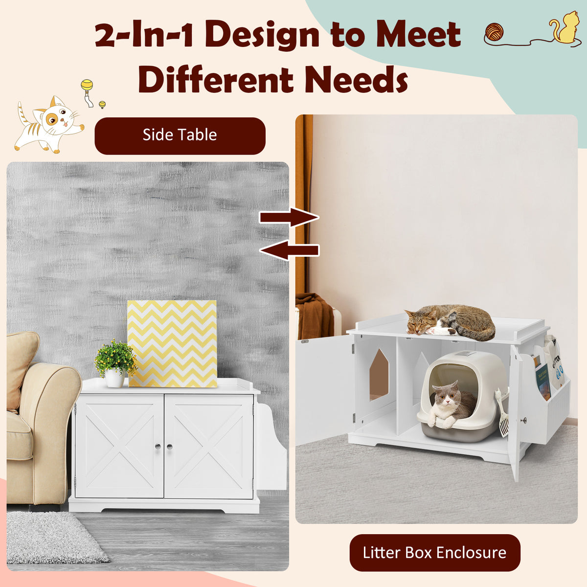 Large Wooden Cat Litter Box Enclosure with the Storage Rack-White-Cat Houses-DECOROLALA