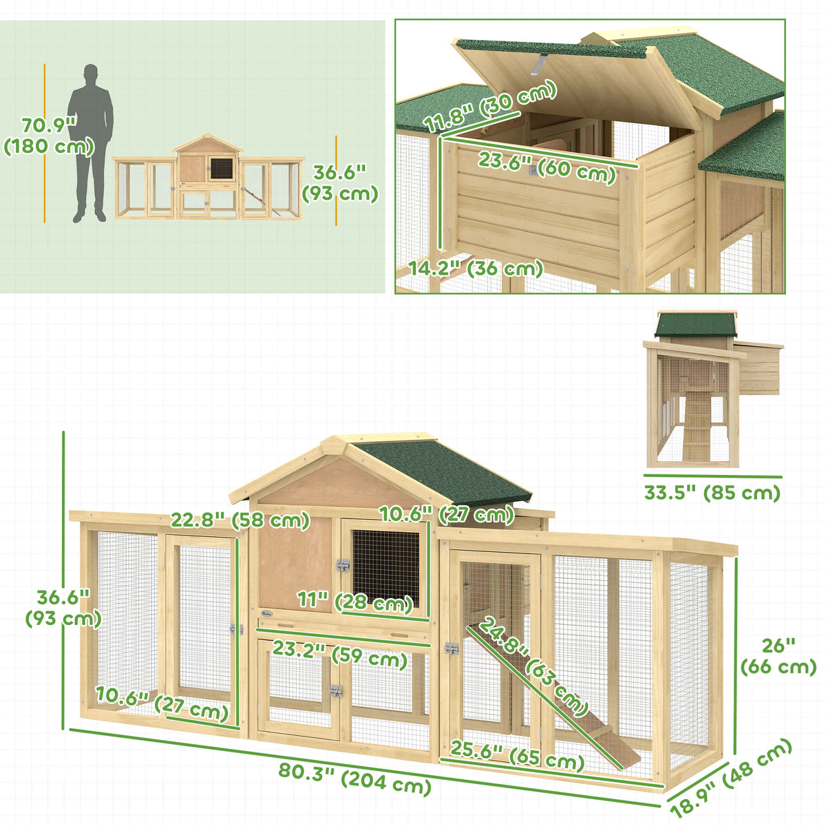 Large Wooden Chicken Coop - 80" Outdoor Rabbit Hutch with Run-Small Animals-DECOROLALA