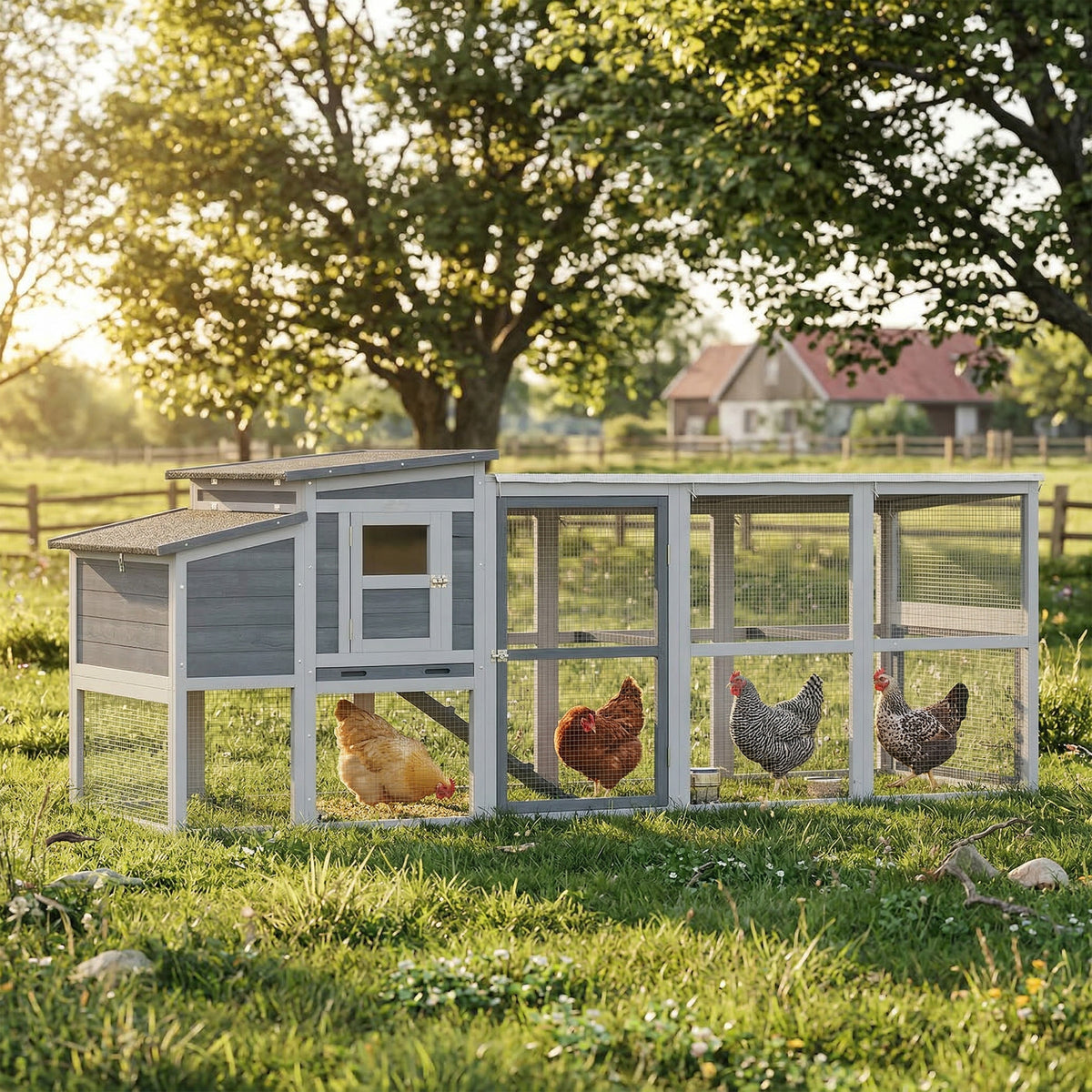 Large Wooden Chicken Coop with Run and Nesting Box - Grey-Small Animals-DECOROLALA